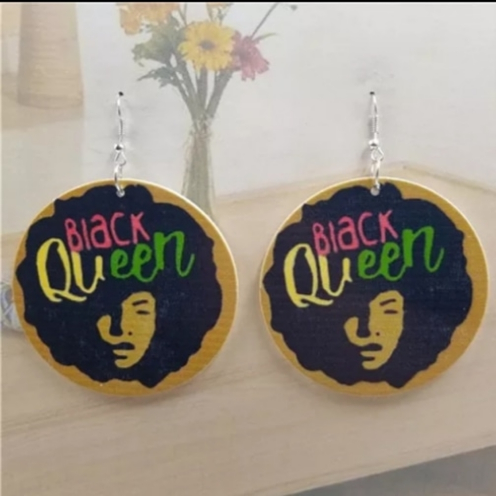 Black Afro Queen Wood Earrings